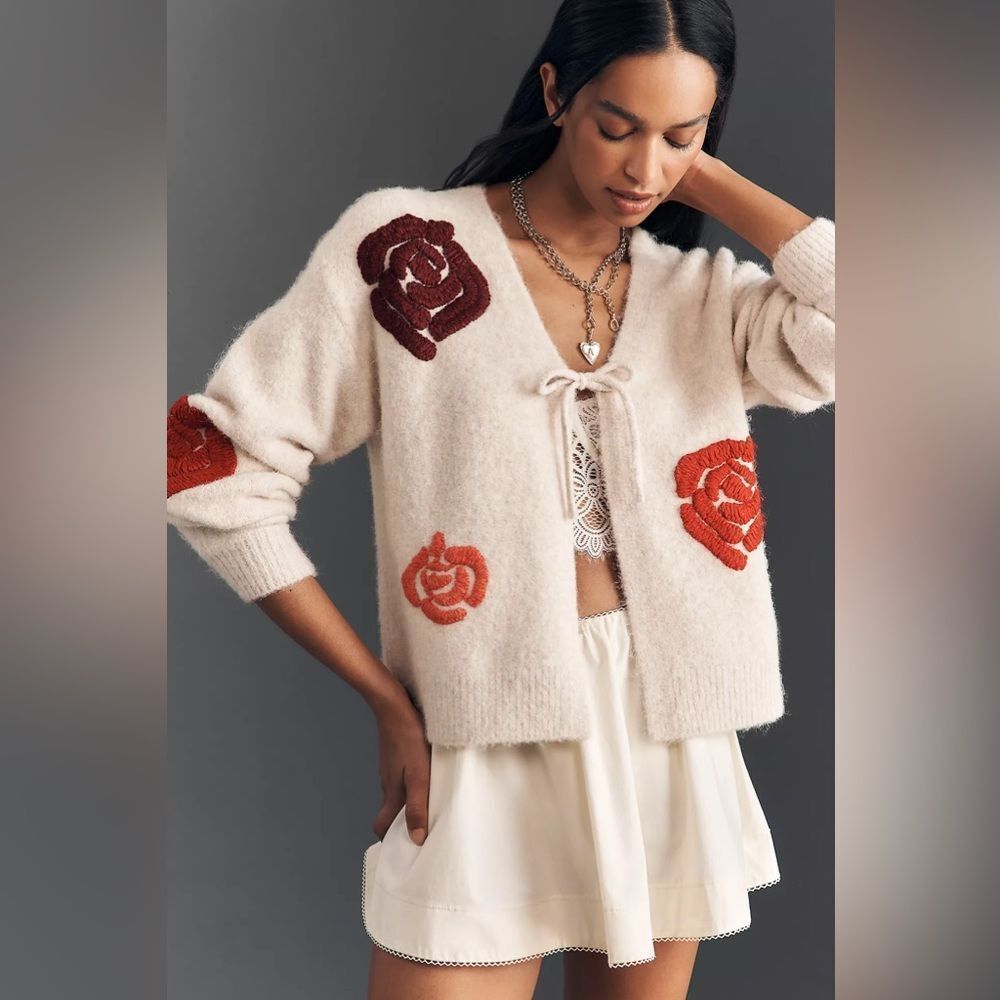 New Anthropologie Flat White Embroidered Flower Cardigan One Size